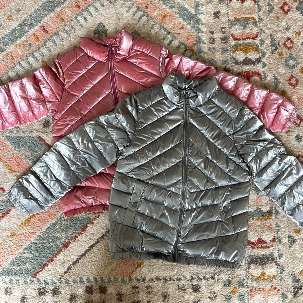 Zara Girls Size 8 Metallic Puffer Jacket Pink + Grey / Silver
